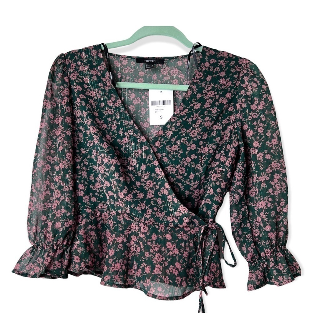 NWT Forever 21 Woven Top Long Sleeve Sheer Pink and Green Peplum Top. Size S